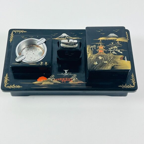 Vintage Aizu Japanese Lacquered Smoking Set With Lighter & Ashtray - Picture 1 of 9